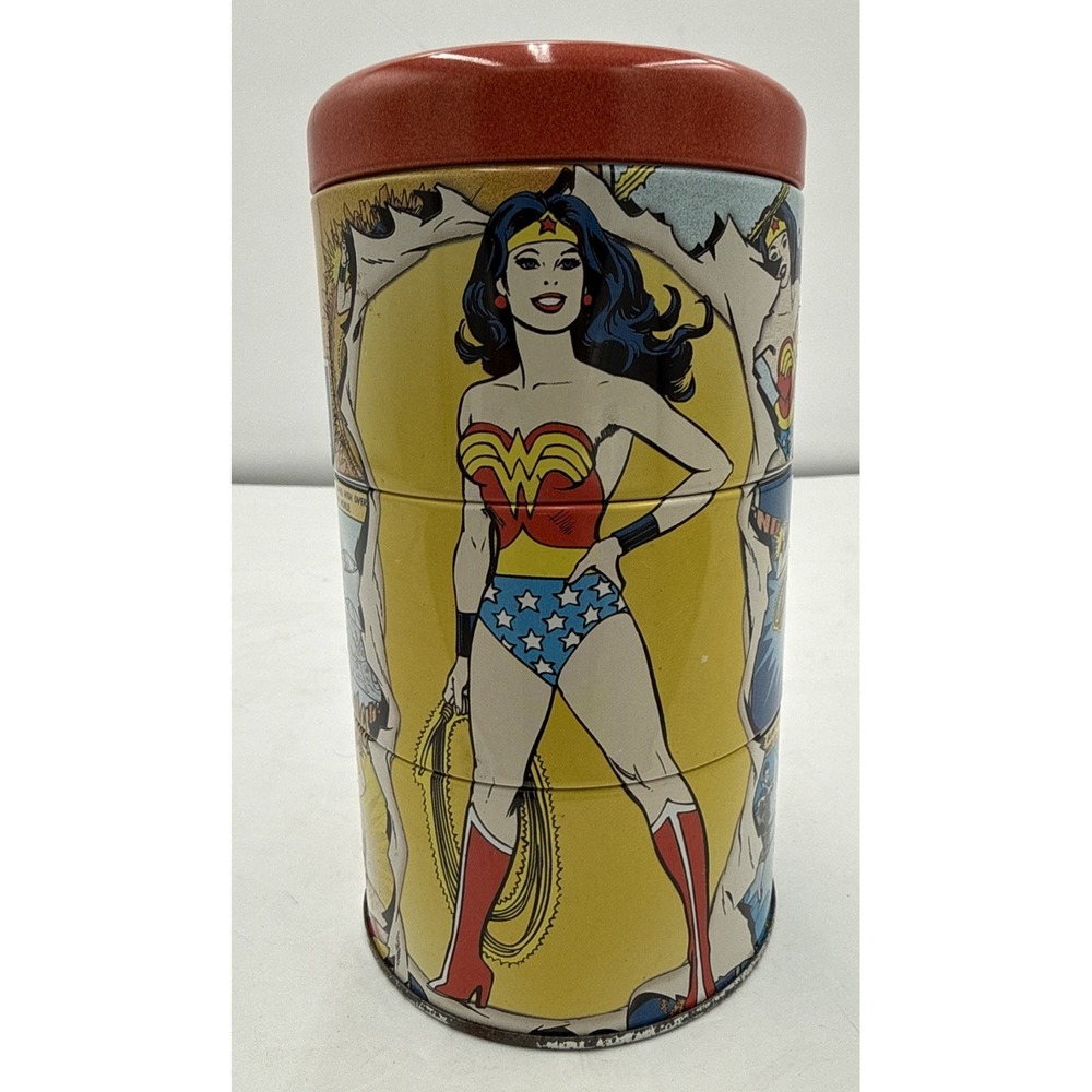 Vtg Wonder Woman Storage Tin Canister‎ 6"x 3 1/4"